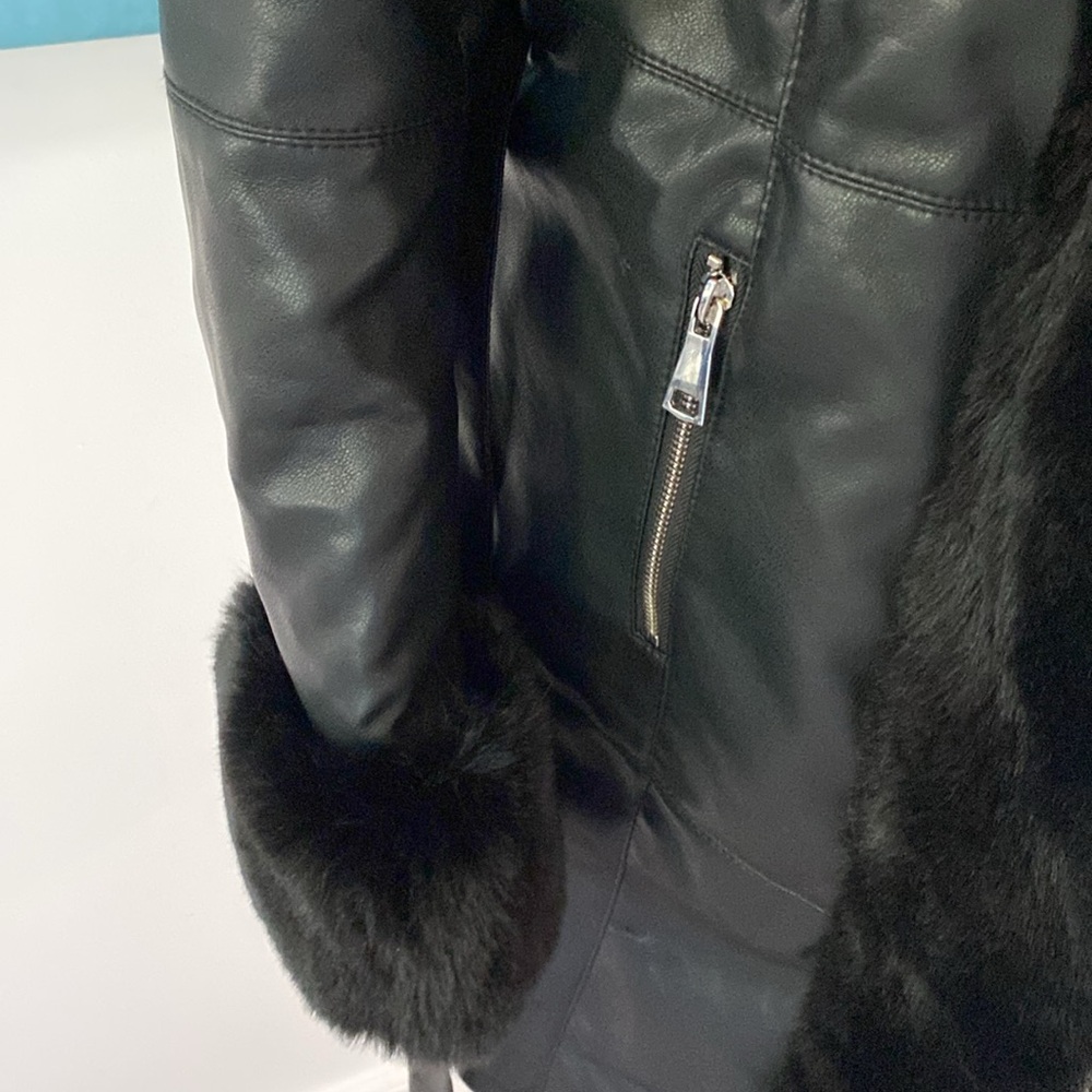 AZALEA WANG GRAM GIRL PU VEGAN LEATHER AND FAUX FUR TRIM WRAP COAT - Picture 3 of 7